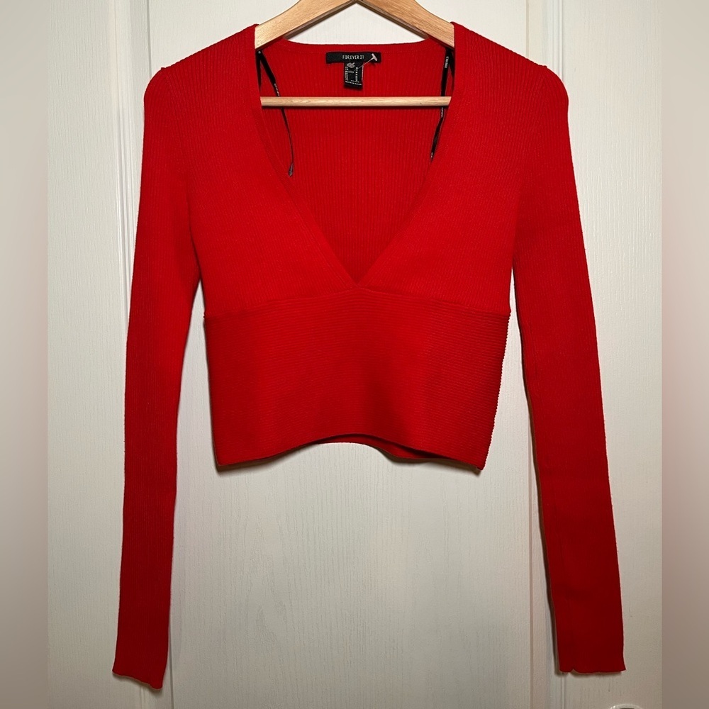 Forever 21 Red Ribbed V-Neck Long Sleeve Crop Top Y2K Babydoll Casual Love, M